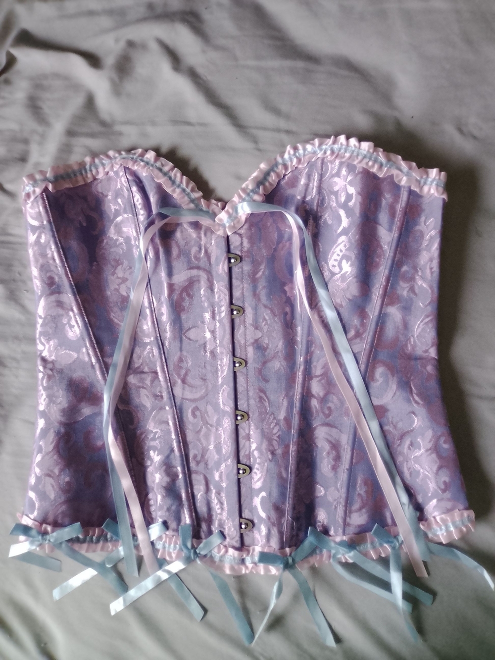 Light Blue And Pink Satin Corset Bustier with Ribbon Trim And Paisley Pattern
